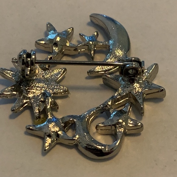 Sun Moon Stars Celestial Brooch Pin Silver Tone Rhinestones - Picture 4 of 4